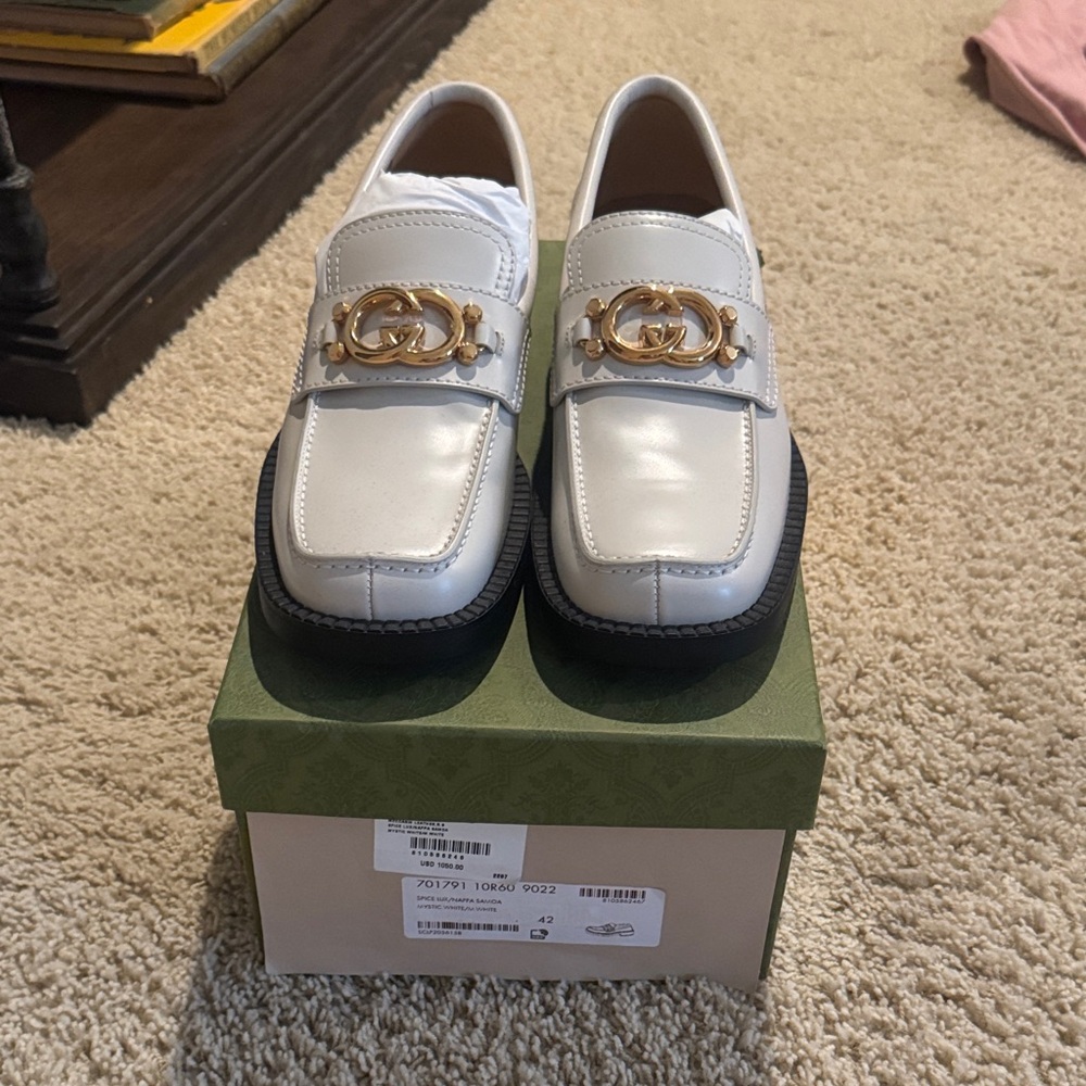 Gucci White and Gold Loafers